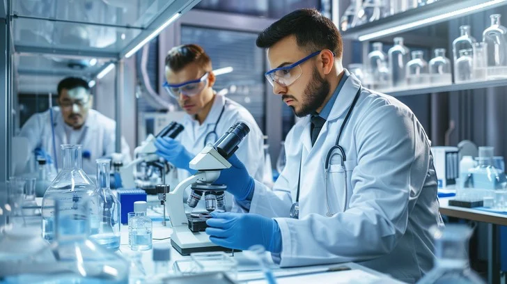 Stock image of scientists working in a lab with lab coats on.